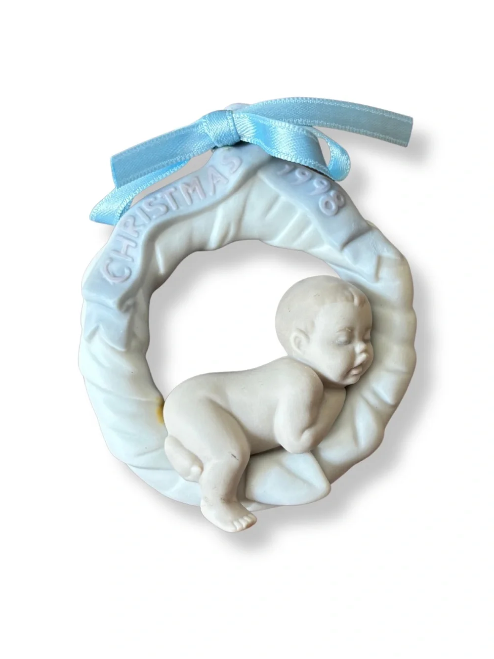 Lladro Christmas 1999 Baby Wreath Porcelain Ornament Blue Ribbon Spain